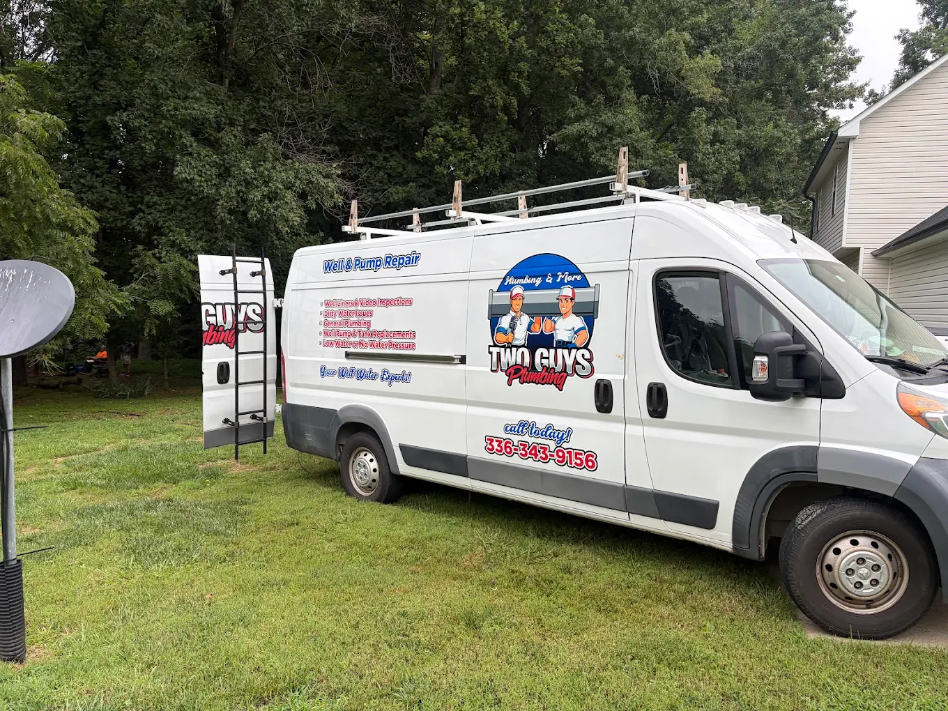 Two Guys Plumbing well and pump repair service van at a home in Mebane, NC