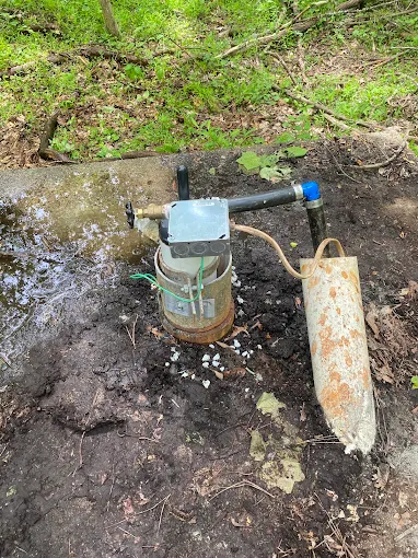 Finished well head with new fittings set in a mulched bed