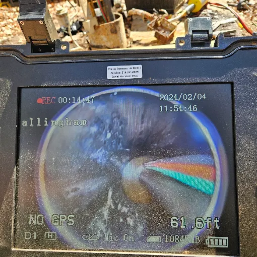 Downhole camera screen recording the inside of a well at 61.6 feet