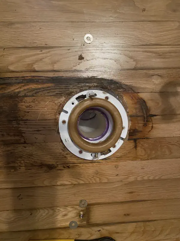 Toilet flange and wax ring set on a wood subfloor during a bathroom repair